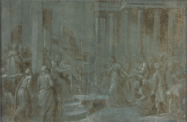Italian School, Solomon and the Queen of Sheba,: after Raphael, 16th c., black chalk, brown ink, brown wash highlighted with white on dark blue paper. Professionally matted in gilt composition frame under archival glass. SS 13.5" x 20.5"; DOA 25" x