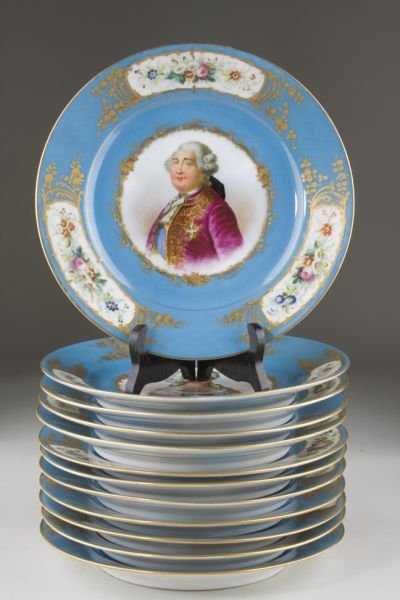 (12) Sevres Style Portrait Plates,: background in a vibrant aqua, rim decoration consisting of three floral motif reserves with gilt floral framing, and a central portrait. Portraits include: King Louis XIV, Madame Elizabeth, Louis XV, 