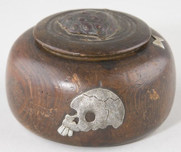 Asian Burlwood Box With Silver Inlays,: ca. late 19th - early 20th c., possibly Buddhist, lid affixed with copper-studded carving of open pomegranate and having inscribed silver inlay on underside, sides of box inlaid with silver fly whisk,