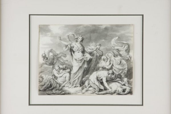 Godfried Maes (Flemish, 1649 - 1700),: "The Death of Niobe's Children", with number "80" en verso, drawing on paper having watermark of WR and Strasburg lily, pencil and ink drawing with grey, brown ink framing lines, grey wash, profession