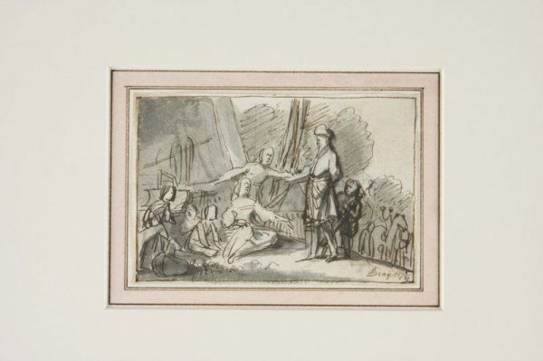 Jan de Bray (Dutch, 1627 - 1697),: "Laban Seeking the Idols", signed lower right "JDBray 1669 6/9", brown ink and grey wash drawing over black chalk, professionally matted in gilt composition frame behind archival glass, SS 3.5" x 5";