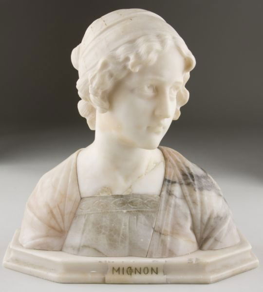after Giovanni Bessi (It., 1857 - 1922), "Mignon,": alabaster and marble bust of young woman, signed "Prof. G. Besfi" on back. 12" x 12" x 6" Some small chips to extremities, old repairs below neck. Collection of Larry Fraga, Mocksville, North Carolina