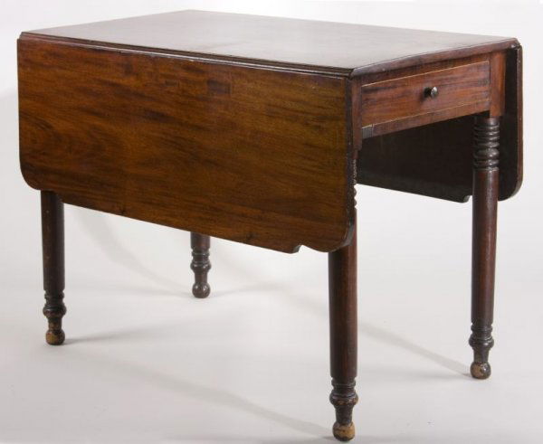 American Sheraton Drop Leaf Breakfast Table,: mahogany with white pine secondary, having nicely shaped drop leaves, a single drawer to one end, and ring turned legs raised on ball feet. The table has old surface with expected wear. 29" x 38" x 24