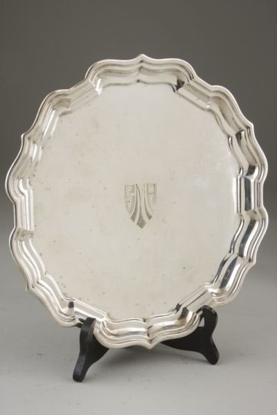 Frank W. Smith Sterling Silver Cake Plate,: in the "Chippendale" pattern, hallmarks to the underside, the center with engraved "AWS" monogram. 13.3 troy ozs. 10.25" dia.