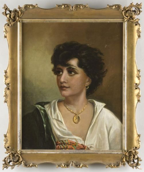 Continental School, Portrait of a Gypsy, ca. 1900,: oil on canvas, unsigned, in a period gilt frame with pierced corners and applied composition ornament. SS 19.5" x 15.5"; DOA 25.5" x 21.25" Collection of Larry Fraga, Mocksville, North Carolina