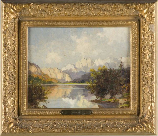 Marko Vokovic (NY, 1892 - 1973), Alpine Lake,: oil on board, signed lower left "Vokovoc," in original gilt composition frame with Catalda Fine Arts label and brief biography on back. SS 7.5" x 9.25"; DOA 12.5" x 14.5" Small area of loss to frame.