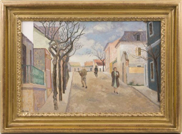 Edmund Quincy (MA, 1903 - 1997), "Rua, Cascaes,": oil on canvas, signed lower left "Quincy," in gilt wood and composition frame. A Harvard graduate from a venerable Massachusetts family, Edmund Quincy was largely an expatriate American artist special