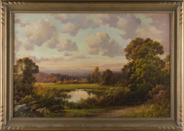 Augustus Spencer (Br., 1860-1924), Sussex,: oil on canvas, signed lower right "A. Spencer," inscribed by the artist on the verso "#1449 Sundown in Sussex / A. Spencer," also bearing a copyright stamp, housed in a period carved gilt & gesso fram