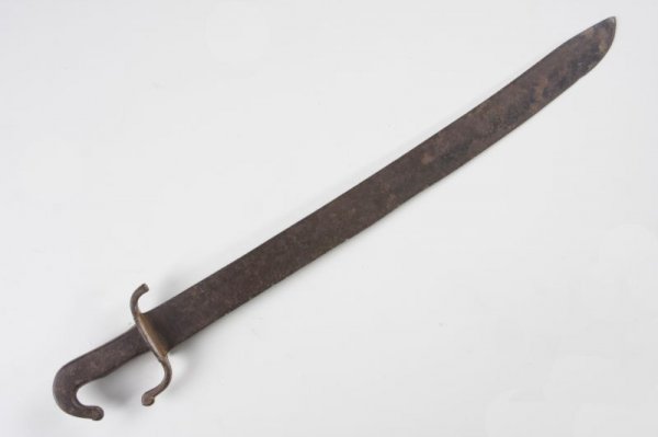 Civil War Era Hand Forged Short Sword,: unknown maker, 22" blade; 26.5" LOA. Unusual two-piece iron grip covers wood strips encasing tang. This weapon is the size of a large D-guard bowie and might have been used as such. Nicks to blade,lig