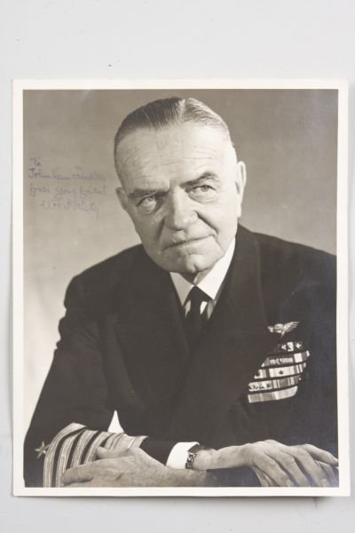 Admiral William Halsey Signed Photograph,: "To John Van Liedley / from your friend / W. F. Halsey," 8" x 10". Crease by right edge, else fine condition. "Bull" Halsey commanded the U. S. 3rd Fleet in the Pacific during World War II. Included w
