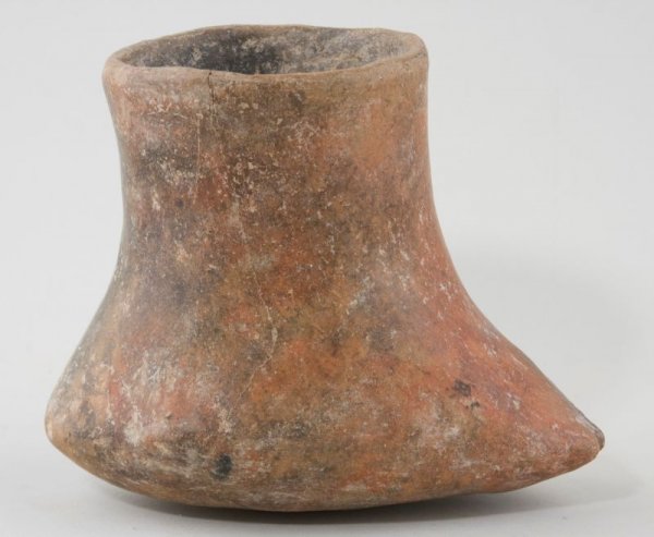 Pre-Columbian Foot Effigy Beaker,: Chupicuaro, Mexico, ca. 400 B.C. 5.25" h Hairline running length of right side, chip to left side below rim, glaze chipping to left toes. Ex. Peter G. Wray Collection with inventory number on base pen