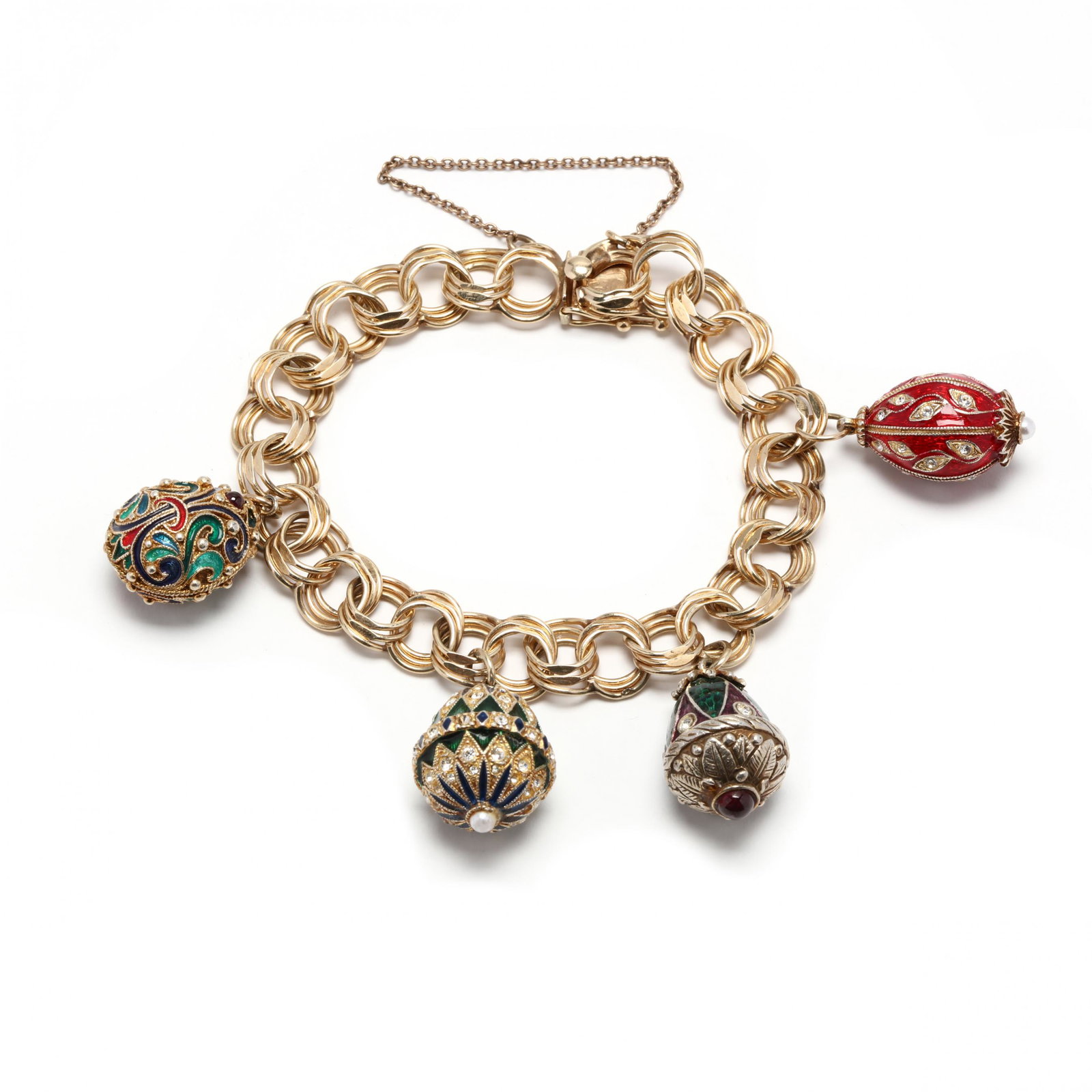 14KT Gold Charm Bracelet with Egg Charms: 14KT Gold Charm Bracelet with Egg Charmsthe triple round link charm bracelet suspending four enamel decorated egg charms, completed with box clasp and safety chain, bracelet stamped 14K and with maker