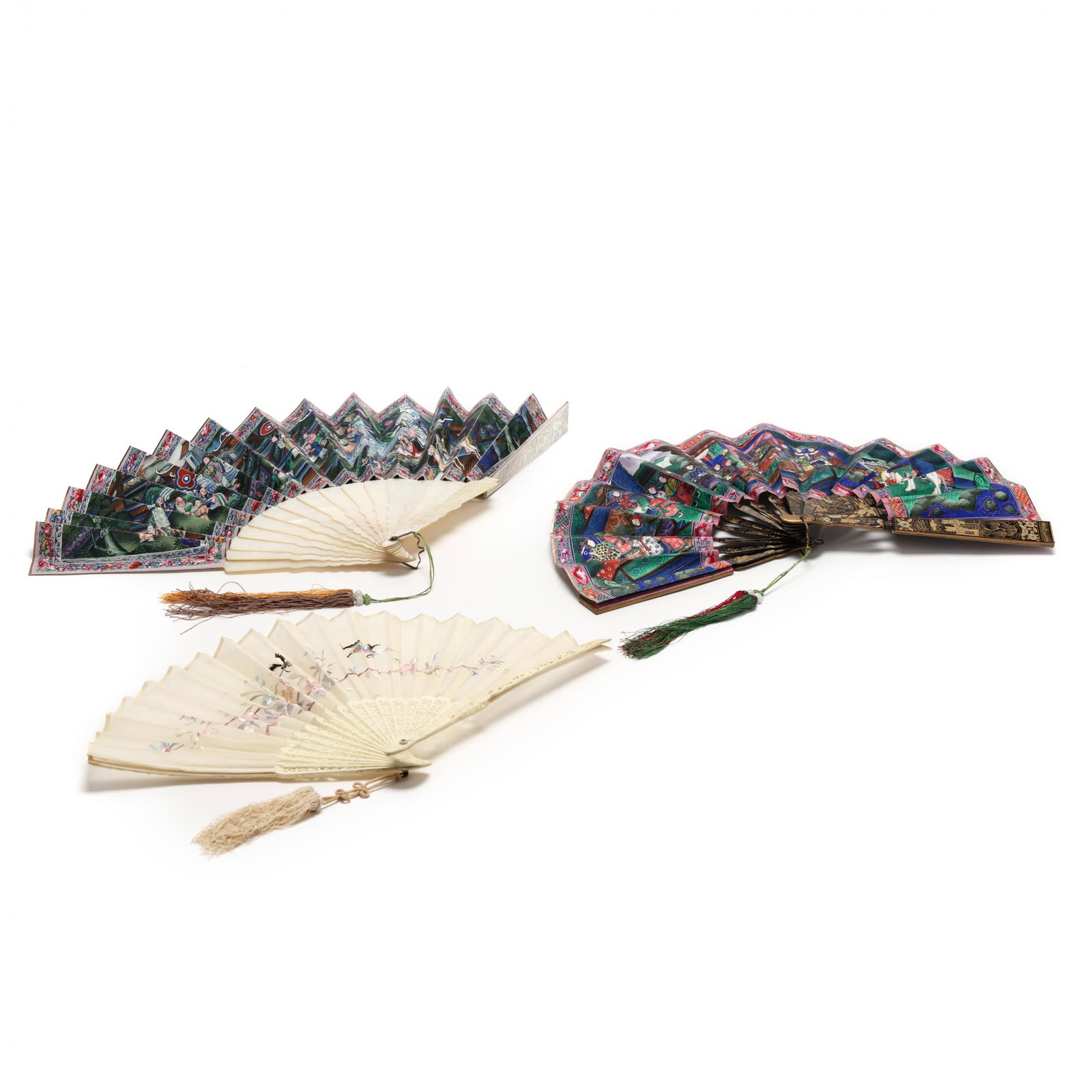 Three Antique Asian Fans: Three Antique Asian Fans 19th century, includes one with carved bone body and embroidered cream silk having a bird, butterfly and flora in pastel hues, with tassel (8 3/4 in.; a slight bend to one sid