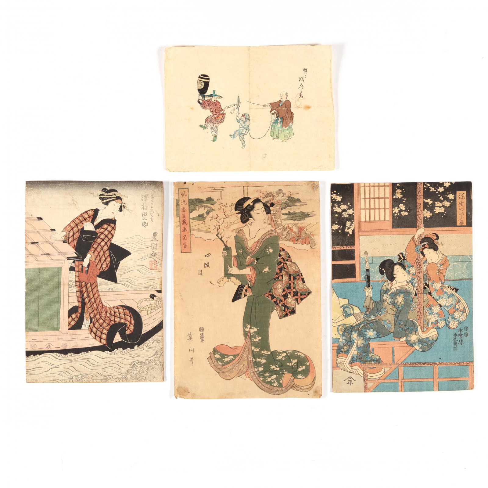 A Group of Four Japanese Works on Paper: A Group of Four Japanese Works on Paper Edo period (1615-1868), woodblock prints, ink and colors on paper, includes two prints by Toyokuni I (1769-1825), a print of an elegant lady holding a cherry bl