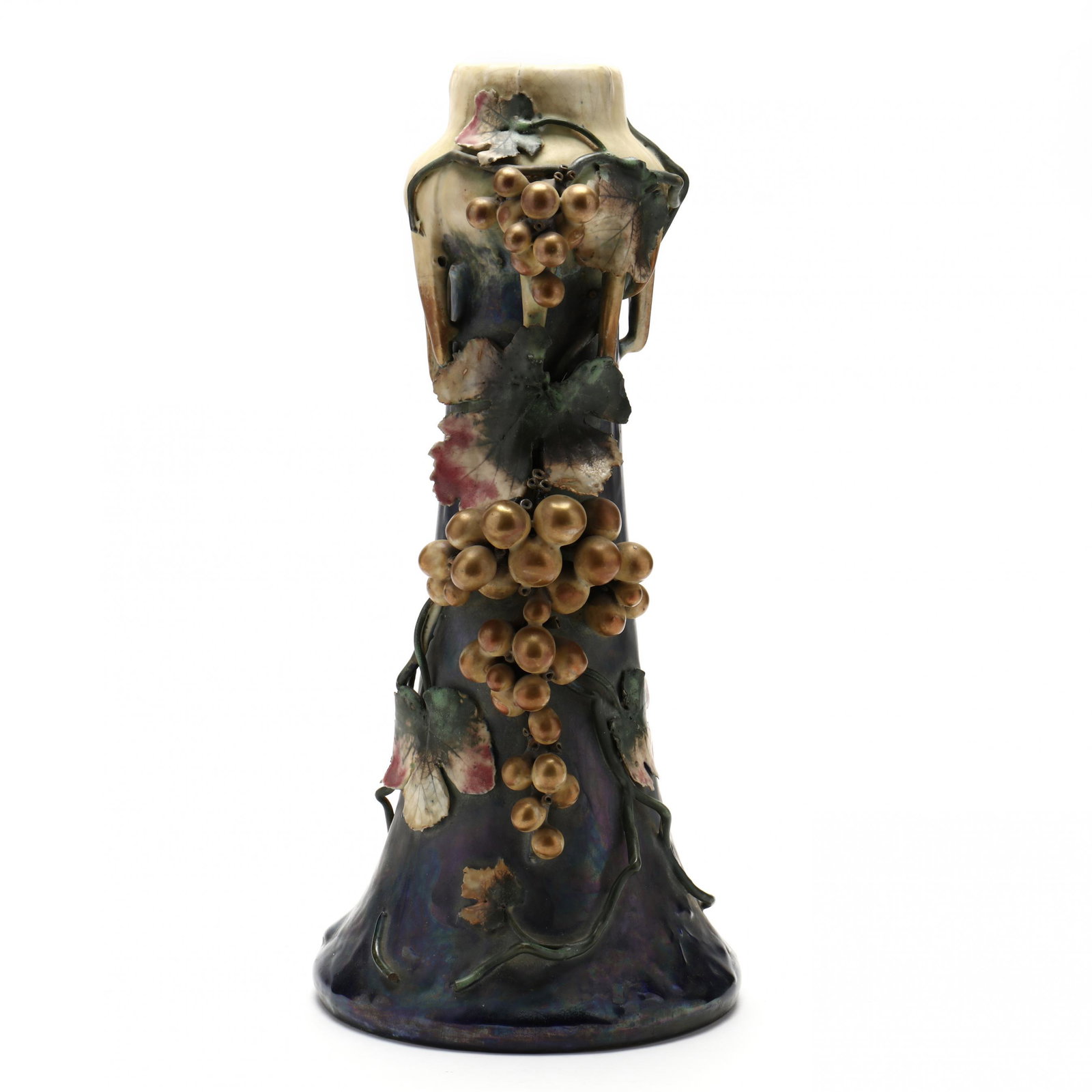 Edda Austrian Art Nouveau Amphora Vase: Edda Austrian Art Nouveau Amphora Vase shape 9675, 1920s, organic form with applied leaves and gilded grape clusters 16.25 in. From the Collection of Mr. and Mrs. Harrison Smith, Salisbury, North Caro