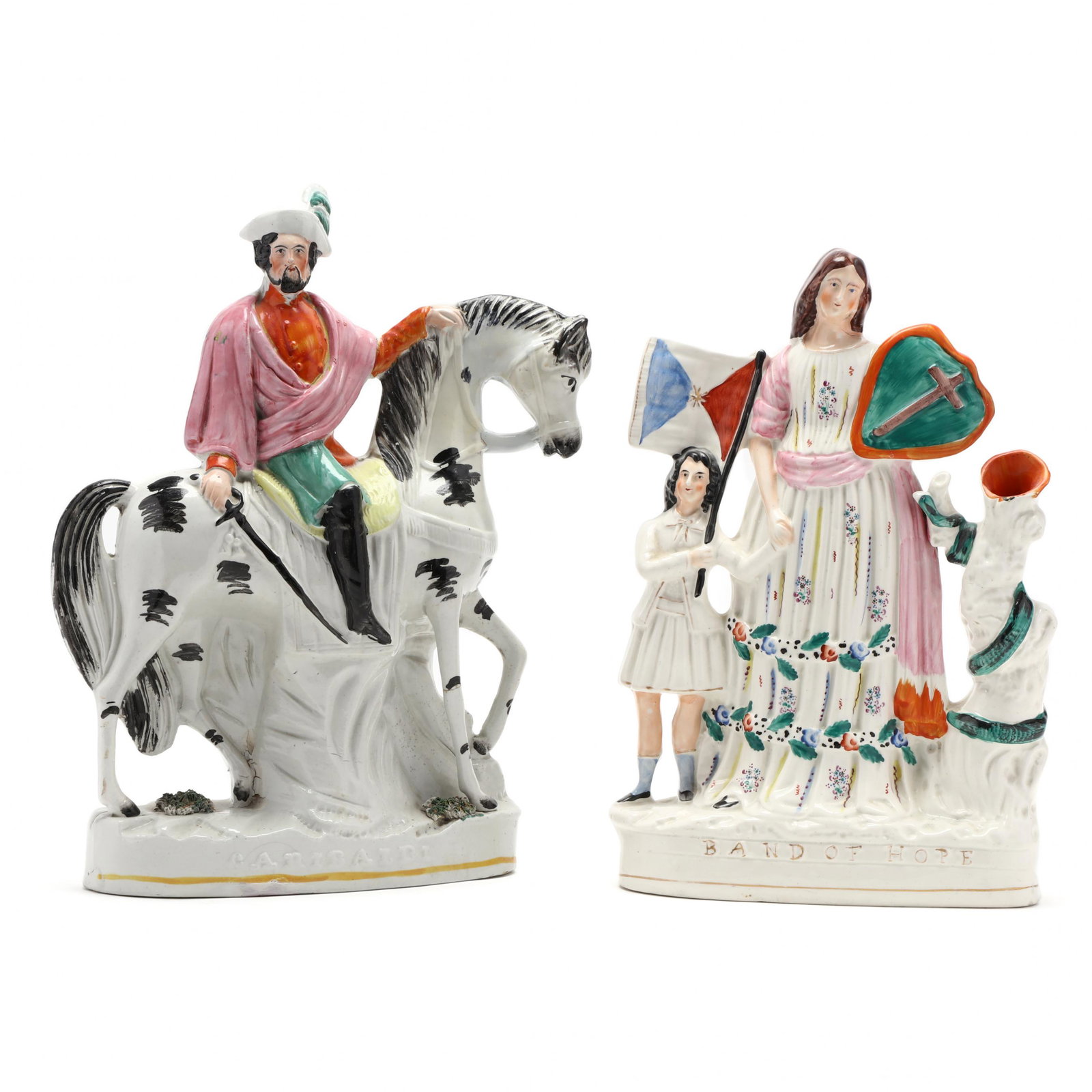 Two Large Political Staffordshire Figurines: Two Large Political Staffordshire Figurines the first is titled at the base "Band of Hope", mid-19th century spill vase, comprising a woman standing upon an oval base, holding a shield emblazoned with