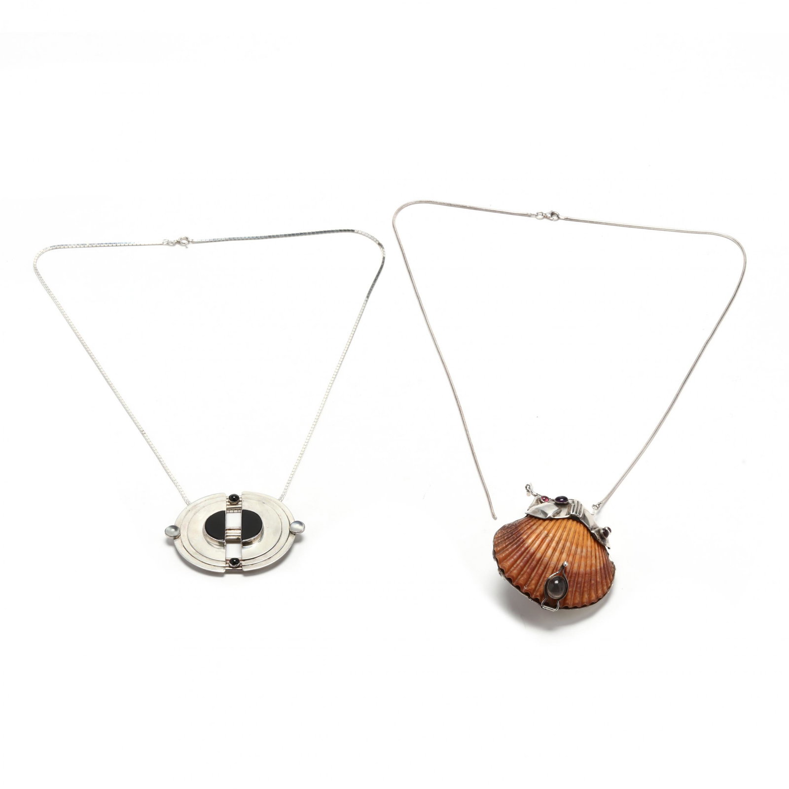 Two Contemporary Silver and Gem-Set Necklaces: Two Contemporary Silver and Gem-Set Necklaces to include: a scallop shell locket mounted with silver and with bezel set gemstones, joined to a snake chain completed with a lobster clasp stamped 925 It