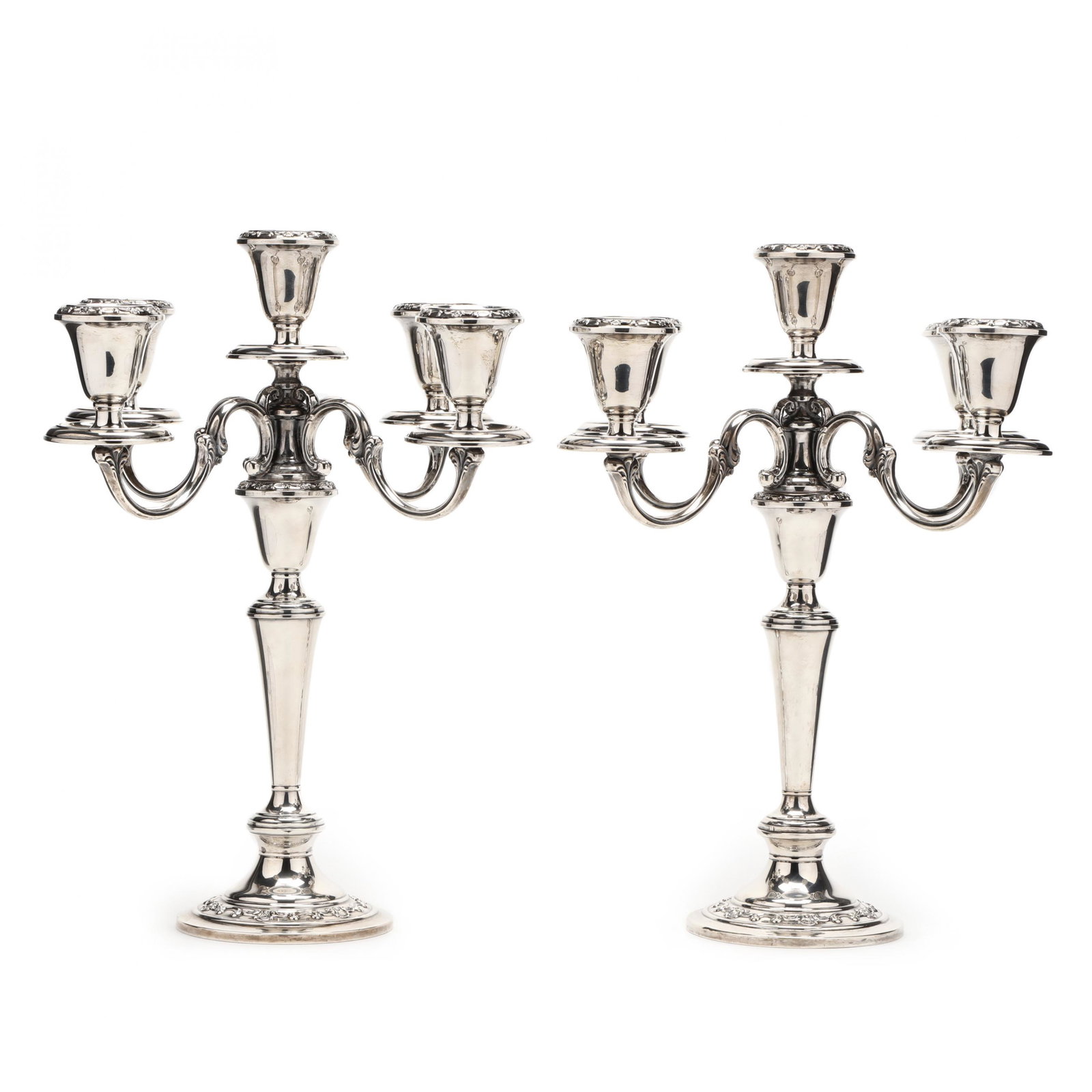 Pair of Gorham Strasbourg Sterling Silver Candelabra: Pair of Gorham Strasbourg Sterling Silver Candelabra five-light form, convertible, marked, no monograms, weighted. 14 in.; 12 in. diagonal Additional high-resolution photos are available at www.leland