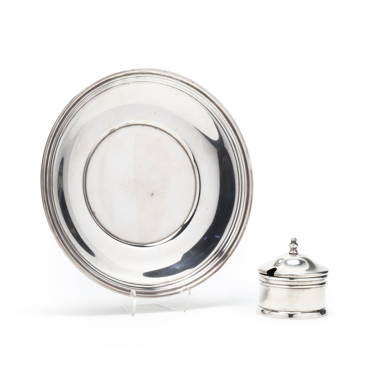 Sterling Silver Round Plate and Salt Cellar: Sterling Silver Round Plate and Salt Cellar the plate with mark of Gorham, model number 474 (8 1/4 in.) (small dent to base); the cellar with mark of Revere Silversmiths, with cobalt glass insert (2 5