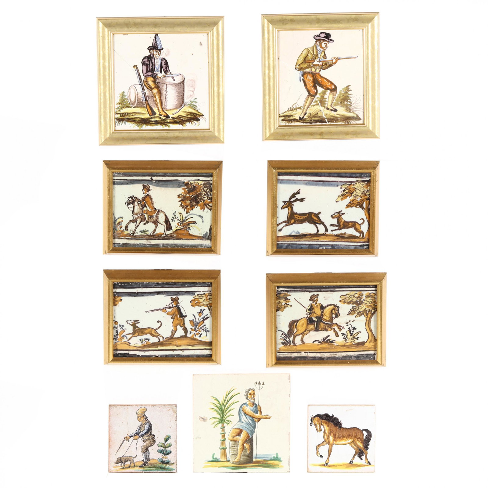 Nine Antique Continental Polychrome Earthenware Tiles: Nine Antique Continental Polychrome Earthenware Tiles to include: (4) rectangular tiles with hunting scenes in gilt frames (7 7/8 x 9 5/8 in. largest) (one tile with horizontal crack and repair, one w