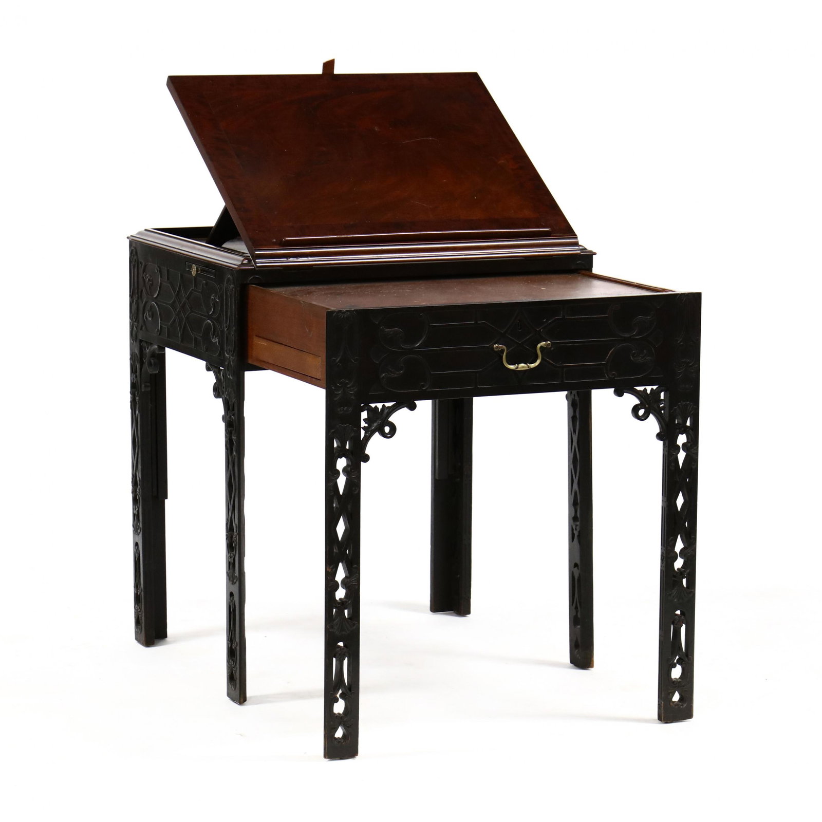 English Chinese Chippendale Style Mahogany Writing: English Chinese Chippendale Style Mahogany Writing Table / Lectern first half 20th century, banded top lifts to adjustable angles for lectern use, back molding lifts to reveal a Chinese fabric lined p