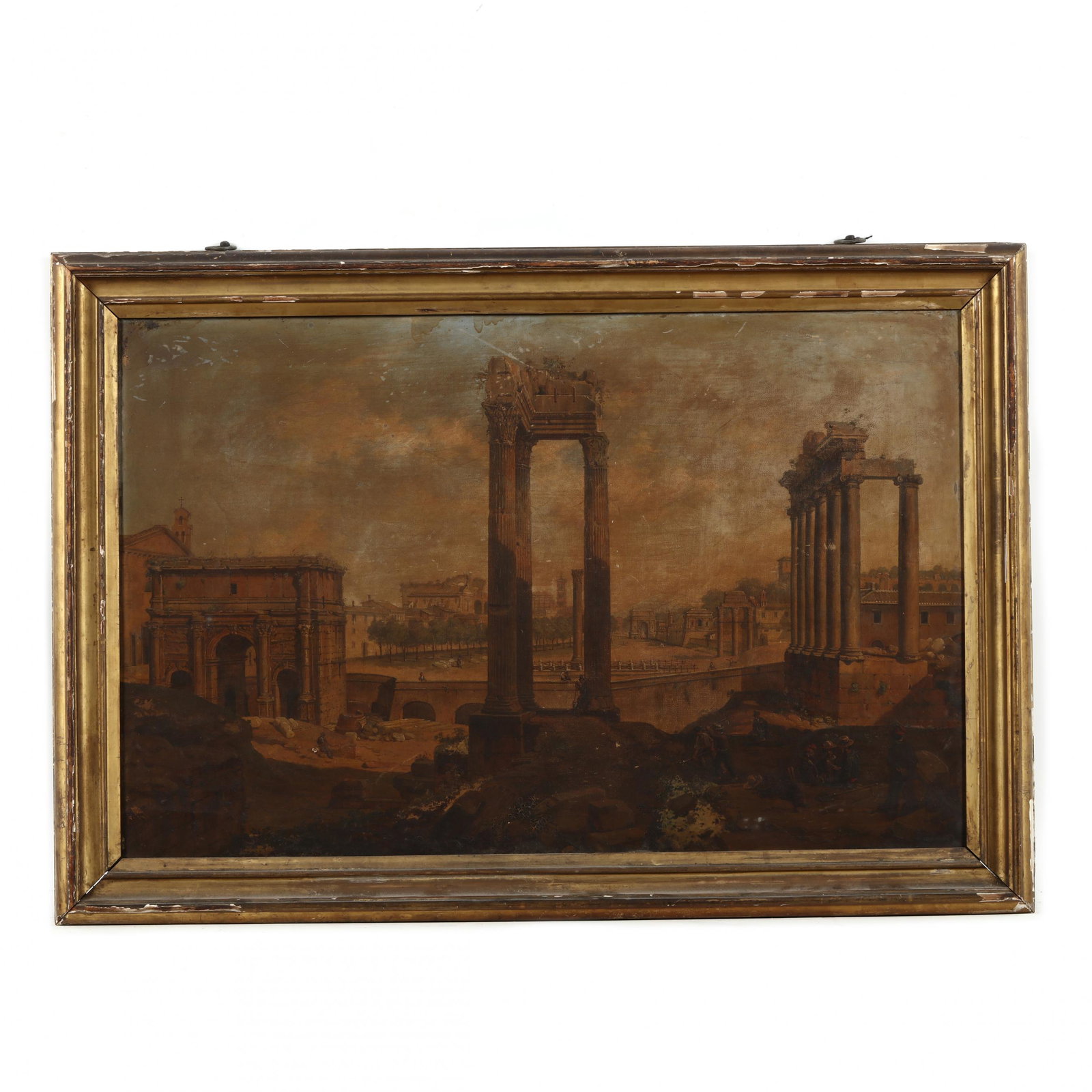 Italian School (mid-19th century), The Roman Forum with: Italian School (mid-19th century), The Roman Forum with Laborers oil on canvas, unsigned, presented in a period gilt frame. Stretcher size 20 1/2 x 32 in.; Frame dimensions 25 x 36 in. From the Person
