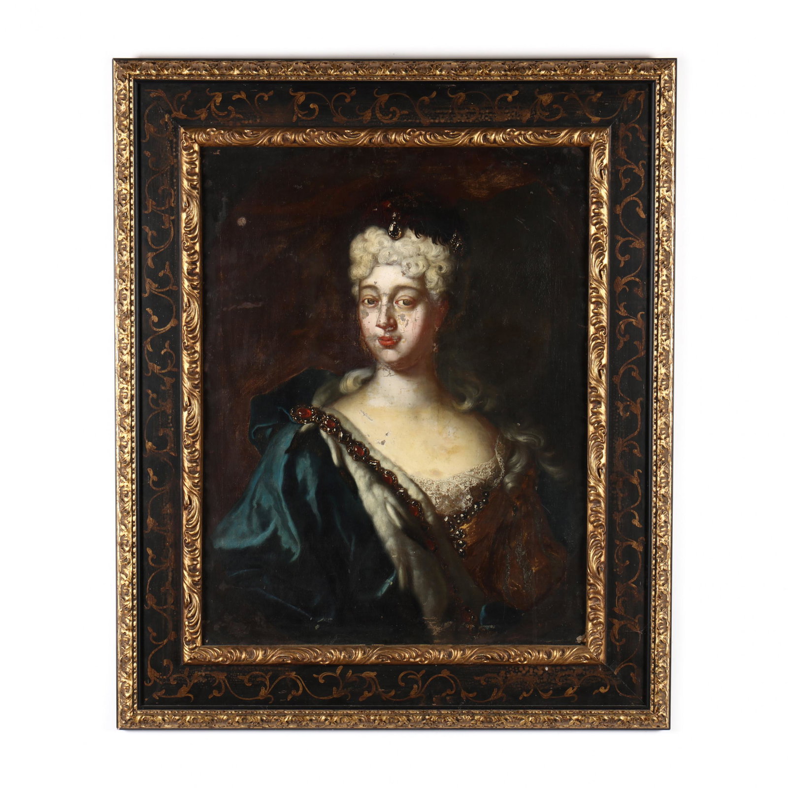 Continental School (circa 1700), Portrait of a: Continental School (circa 1700), Portrait of a Noblewoman oil on canvas (lined), unsigned, feigned oval, quarter length, framed. Stretcher size 32 x 35 in.; Frame dimensions 42 1/2 x 35 1/4 in. From t