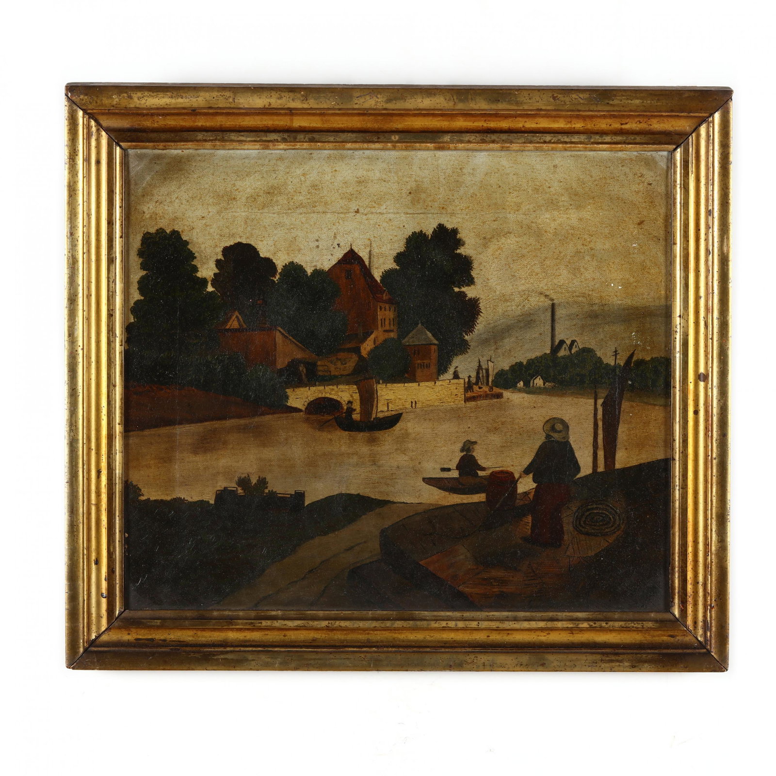 Folky Continental Scene of a River Town: Folky Continental Scene of a River Town oil on canvas, circa 1900, unsigned, presented in a period lemon gilt frame. Frame dimensions 15 x 17 in. Additional high-resolution photos are available at www