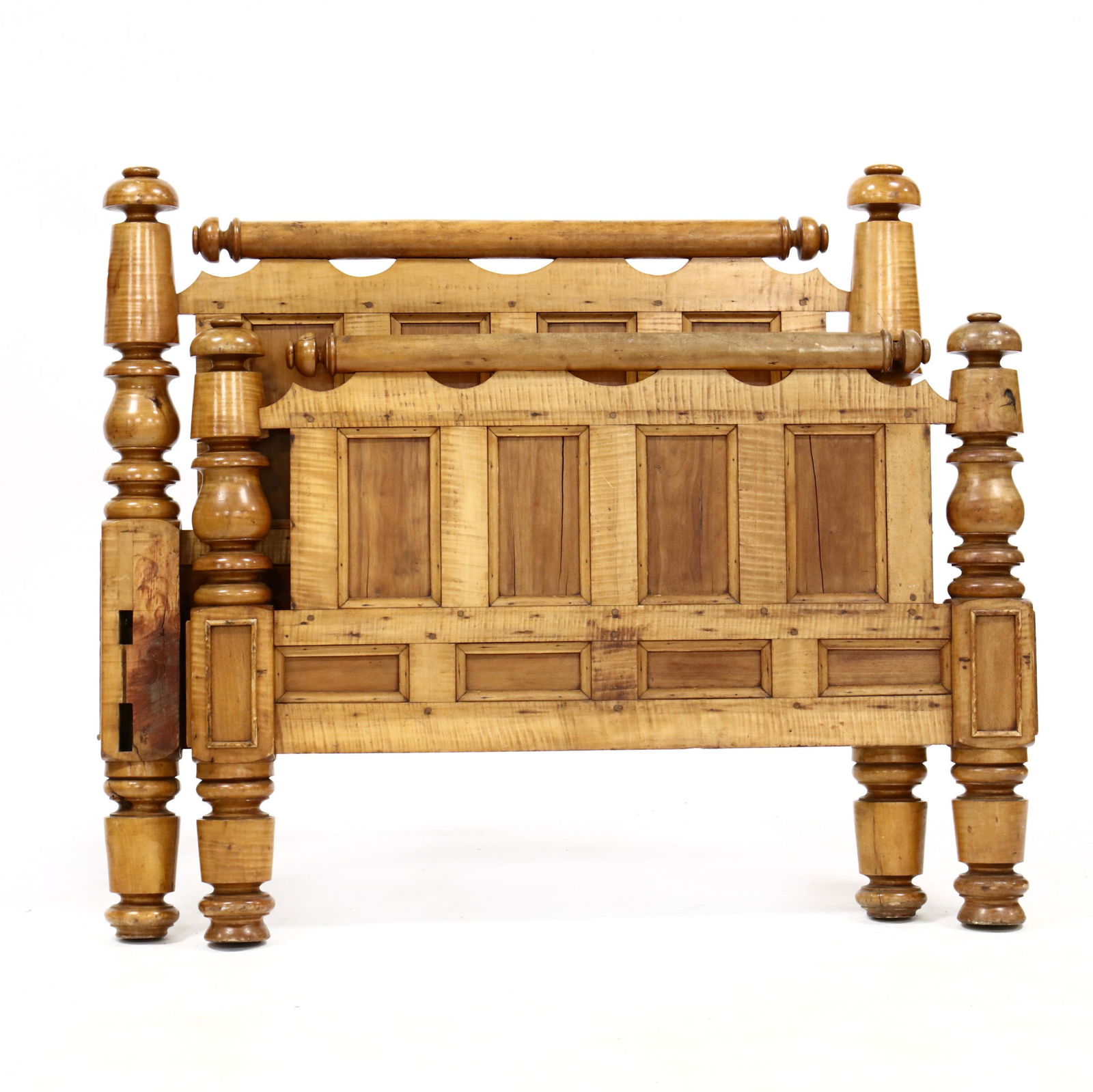 Antique Tiger Maple Twin Size Bed: Antique Tiger Maple Twin Size Bed19th century, quadruple paneled headboard with turned crest rail, bold turned stiles and legs, with original peg form rails. Headboard 45 x 49 in. From the Personal Co