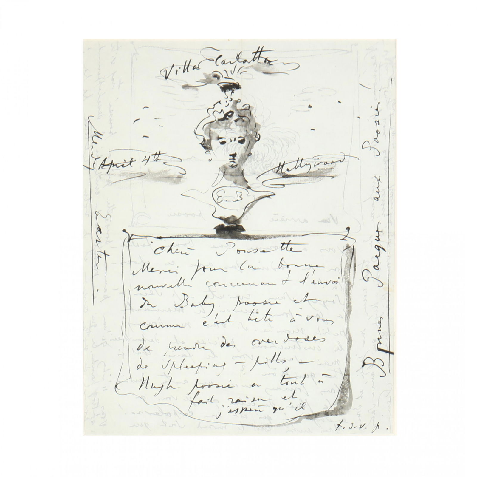 Eugene Berman (Russian/American, 1899-1972),: Eugene Berman (Russian/American, 1899-1972), Illustrated Autograph Letter Signed"Gene", Villa Carlotta, Hollywood, California, April 4, n.d. (1954?), being a thank you letter, mostly in French, to "Po