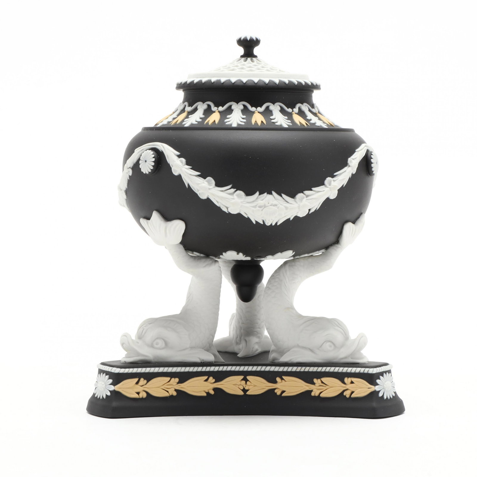 Wedgwood Dolphin Tripod Lamp Limited Edition of Twenty: Wedgwood Dolphin Tripod Lamp Limited Edition of Twenty reproduction of a piece sent to the court of Catherine the Great of Russia, composed of a circular pastille burner in black basalt with white and