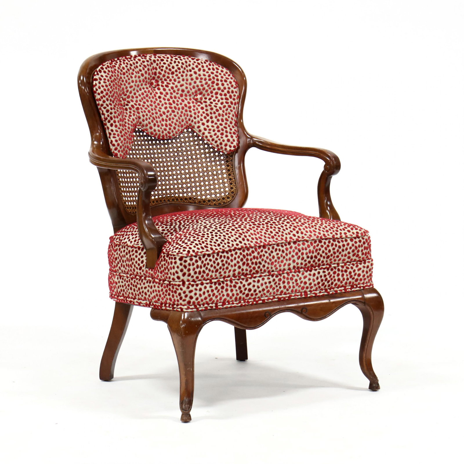 Vintage French Provincial Style Cherry Caned Back: Vintage French Provincial Style Cherry Caned Back Armchair mid 20th century, cut velvet upholstery, on cabriole legs. 34 x 24 x 20 in. Seat height 17 in. Additional high-resolution photos are availabl