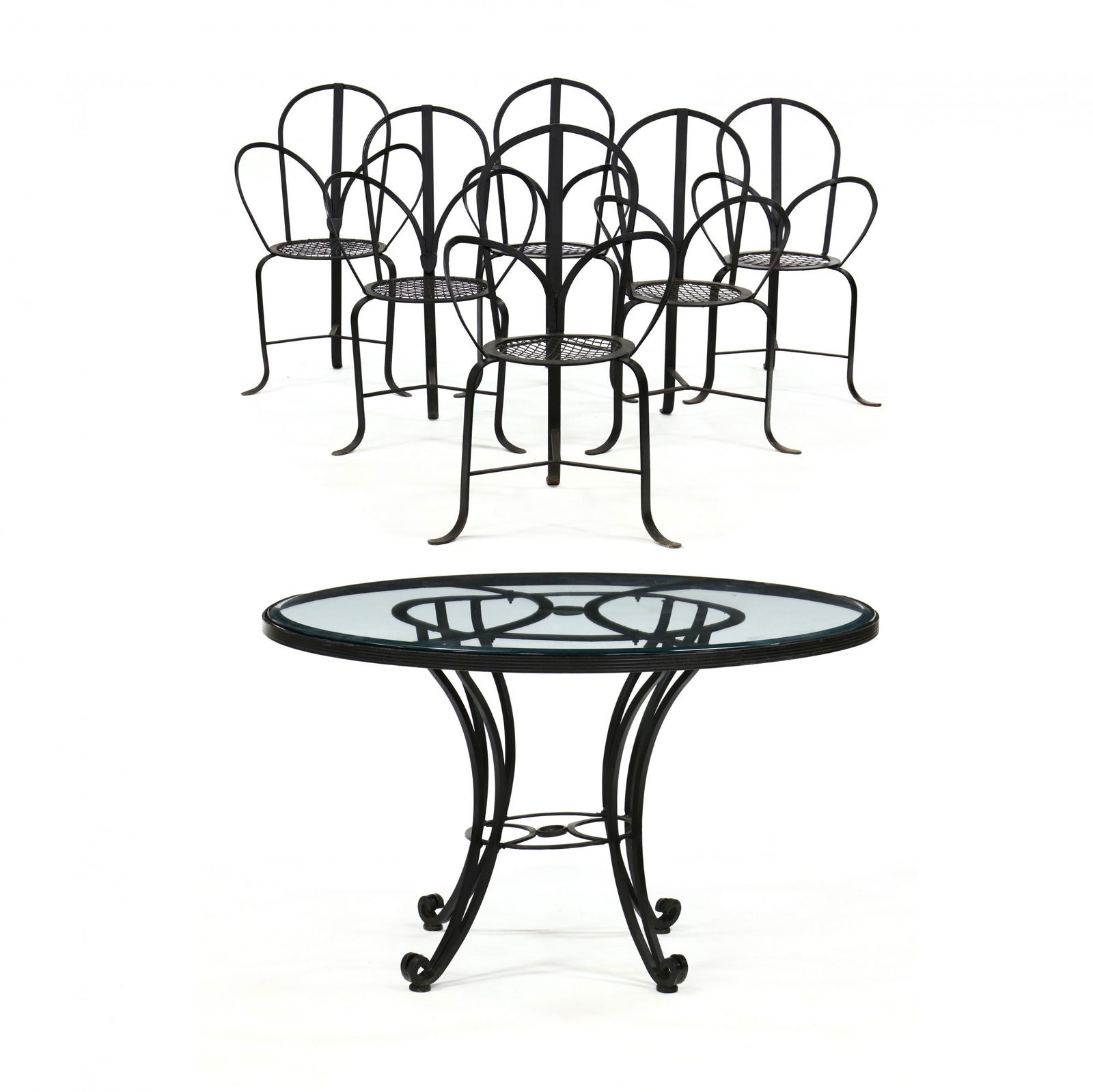 Winterthur, Regency Painted Iron Table and Chairs: Winterthur, Regency Painted Iron Table and Chairsblack painted iron table (29 x 48 in. diameter) and two chairs (36 x 22 x 18 in.) by Winterthur (unmarked), each having a reeded design, together with