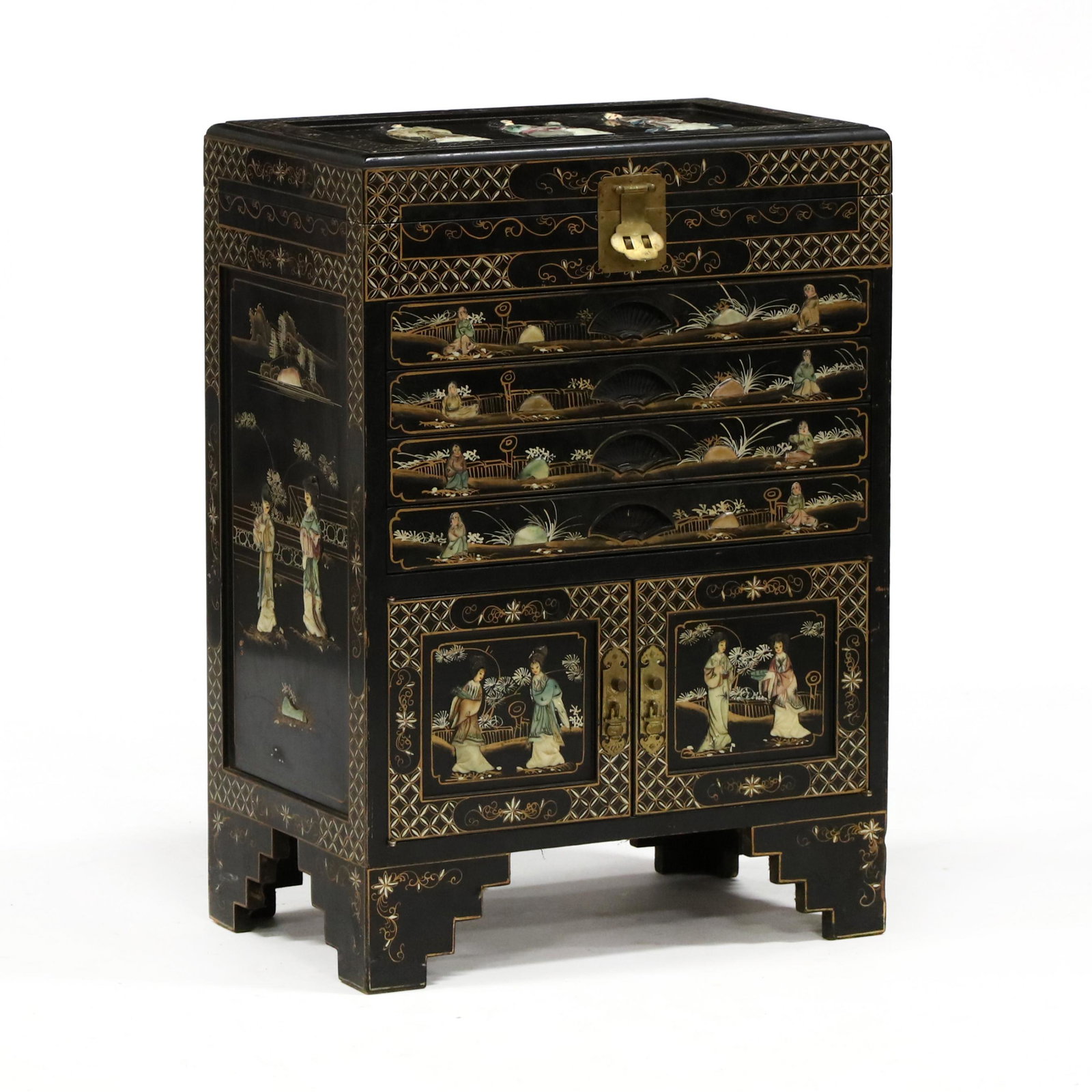 Chinoiserie Decorated Silver Chest: Chinoiserie Decorated Silver Chest second half 20th century, wood cabinet with black lacquer, painted decoration with applied carved stone, hinged lid over four flush drawers with green felt lining, o