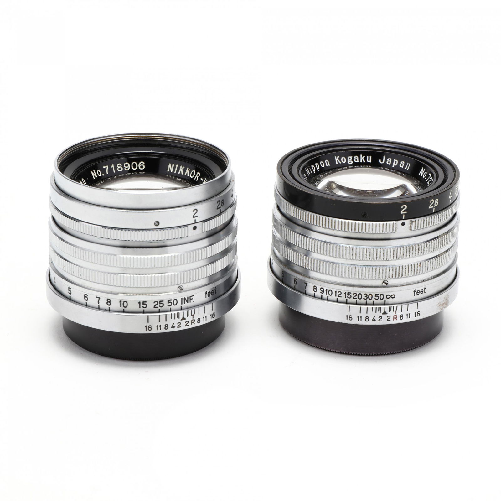 Pair of Nippon Kogaku Nikkor H.C 5cm 50mm f/2 Lenses: Pair of Nippon Kogaku Nikkor H.C 5cm 50mm f/2 LensesJapan, Nikon, No.'s 718906 and 727192, includes one lens cap and Leica leather carrying case. 2 in. (lens) Private Collection of a Gentleman, Greens