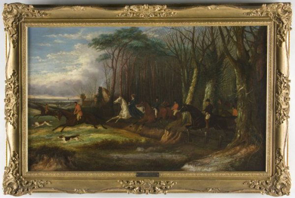 Arthur Davis (Br., fl. 1877-1905), On the Hunt: Arthur Davis (Br., fl. 1877-1905), On the Hunt oil on canvas (relined), unsigned, housed in a period gilt wood frame with composition ornament and gallery plaque. SS 19.25 x 31.25 in.; DOA 25.25 x 37.