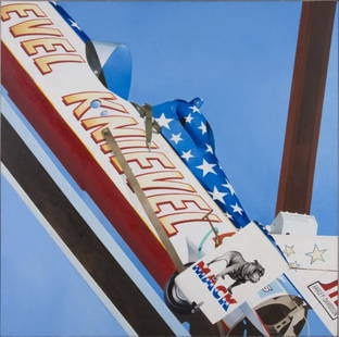 John Rummelhoff (MN/NY, b. 1942), Evel Knievel: John Rummelhoff (MN/NY, b. 1942), Evel Knievel acrylic on canvas, signed and dated on the reverse "J. Rummelhoff / Nov. '74," housed in the original aluminum frame. Rummelhoff is among the first "Phot