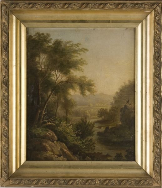John White Allen Scott (MA, 1815-1907), Landscape: John White Allen Scott (MA, 1815-1907), Landscape oil on artist's board, signed on the verso "John Scott - Painter / Boston" and "Painted by John Scott," housed in a period appropriate gilt wood frame