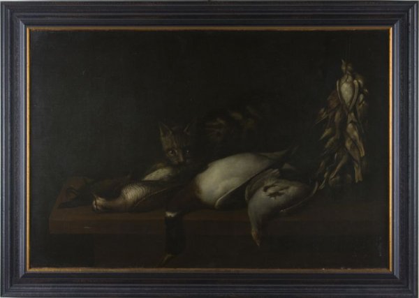 Flemish School, Still Life with Cat & Game: Flemish School, Still Life with Cat & Game in the 17th century style, likely painted in the late 18th or early 19th century, bears inscription on the stretcher "G. Streek 1654," housed in a dark molde