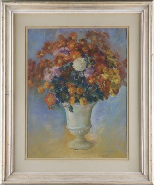 Herbert Meyer ( VT, 1882-1996), "Chrysanthemums": Herbert Meyer ( VT, 1882-1996), "Chrysanthemums" pastel on paper, signed lower right, retaining the original William Macbeth Gallery New York City paper label on the verso, framed and matted under gla