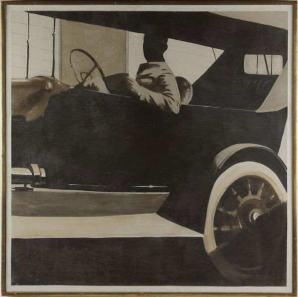 Robert Harvey (b. 1924), "Brother Home on Leave": Robert Harvey (b. 1924), "Brother Home on Leave" oil on canvas, signed and dated at lower right "Harvey '64," retaining a paper exhibition label on the verso with artist's name, title, and indicating