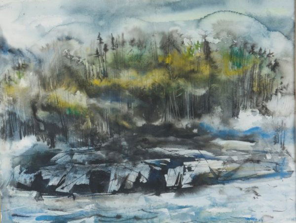 Ben Edgar Shute (GA, 1905-1986), "Maine Fog": Ben Edgar Shute (GA, 1905-1986), "Maine Fog" watercolor and ink on paper, signed and titled upper left "Ben Shute / Maine Fog," matted and framed under glass. Ben Shute was born in Wisconsin in 1905,