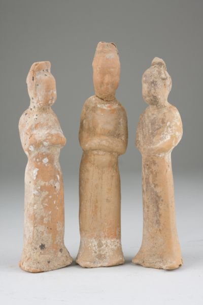 Three Han Dynasty Ceramic Attendant Figures: Three Han Dynasty Ceramic Attendant Figures circa 207 B.C. - 220 A.D., robed females of hollow cast red clay. 8.5 - 9 in.