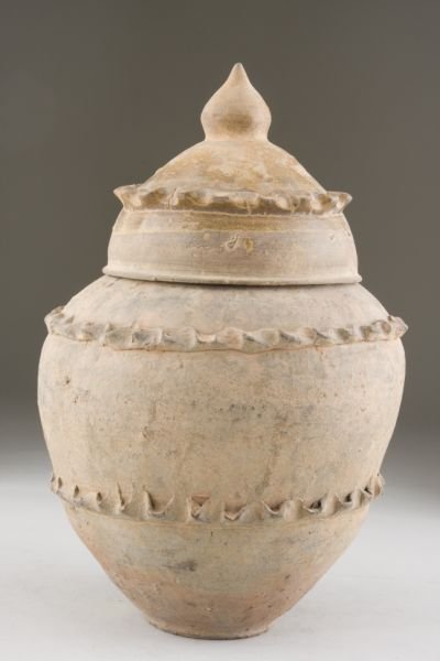 Chinese Song Dynasty Lidded Jar: Chinese Song Dynasty Lidded Jar circa 618 - 1279 A. D., celadon glaze over brown earthenware. 14.25 in.