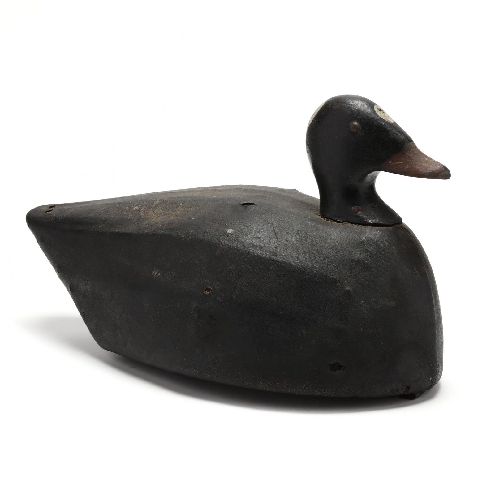 Joe Lincoln, Surf Scoter, Canvas Over Wood Slat: Joe Lincoln, Surf Scoter, Canvas Over Wood Slat Joe Lincoln (1859-1938), Accord, Massachusetts. The stunning surf scoter decoy is all original and strongly branded "HC Hunt". Tack eyes. Length 16 in. 
