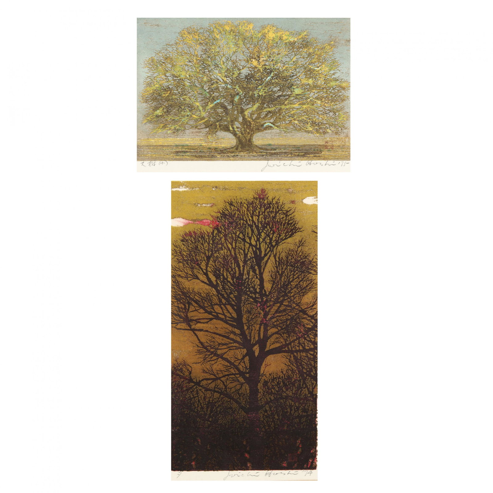 Joichi Hoshi (Japanese, 1911-1979), Big Tree Ten and: Joichi Hoshi (Japanese, 1911-1979), Big Tree Ten and Evening woodblock prints in colors, with elements of metallic ink, includes Big Tree Ten, pencil titled in Japanese, signed, and dated '75 in lower
