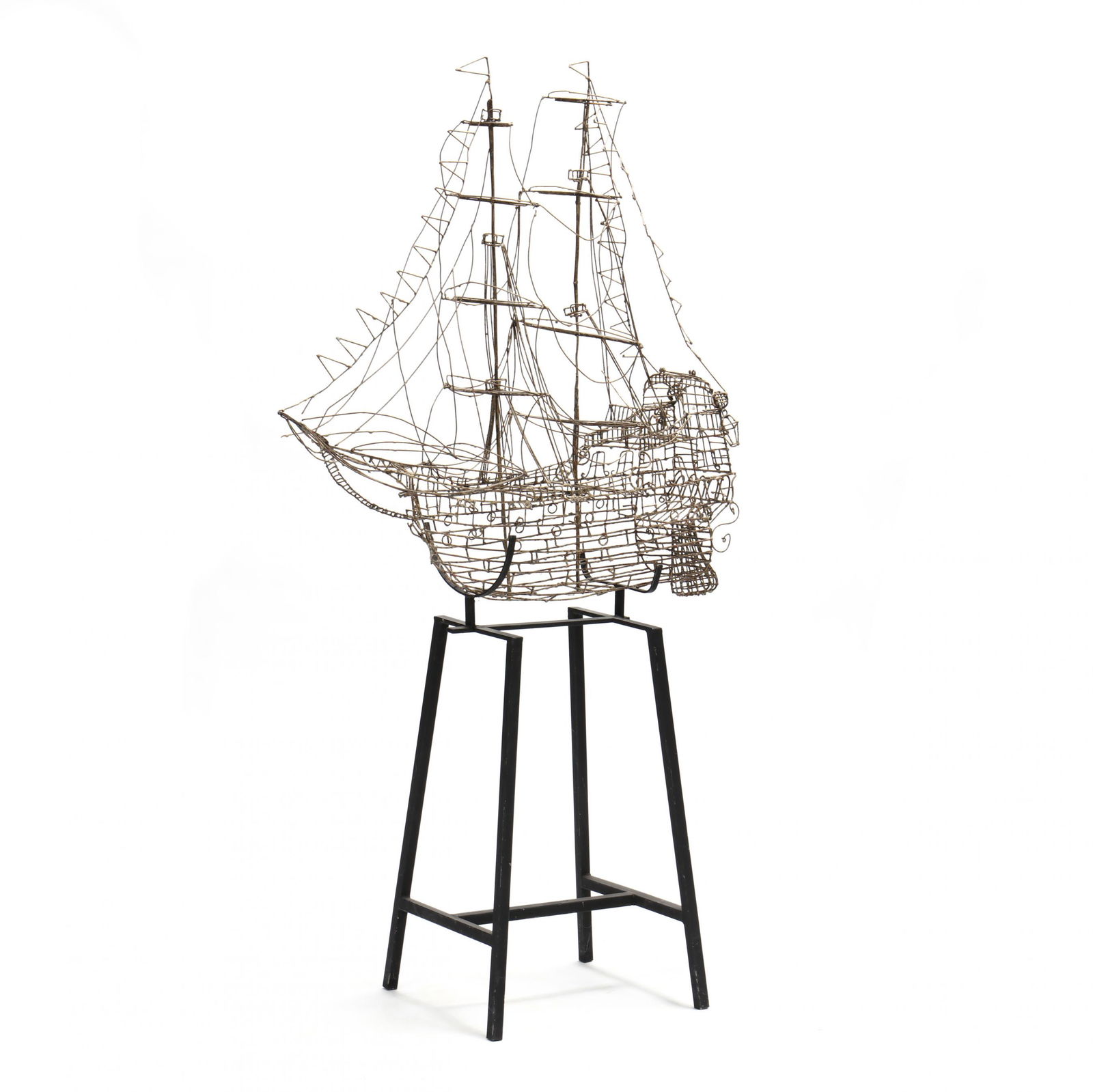 Marcello Fantoni (1915-2011), Wire Ship on Stand: Marcello Fantoni (1915-2011), Wire Ship on StandItaly, for Raymor, 1950s, metal wire with gilding on a custom black painted metal stand, labeled. DOA 63 x 34 x 16 in. With a vast career in the arts sh