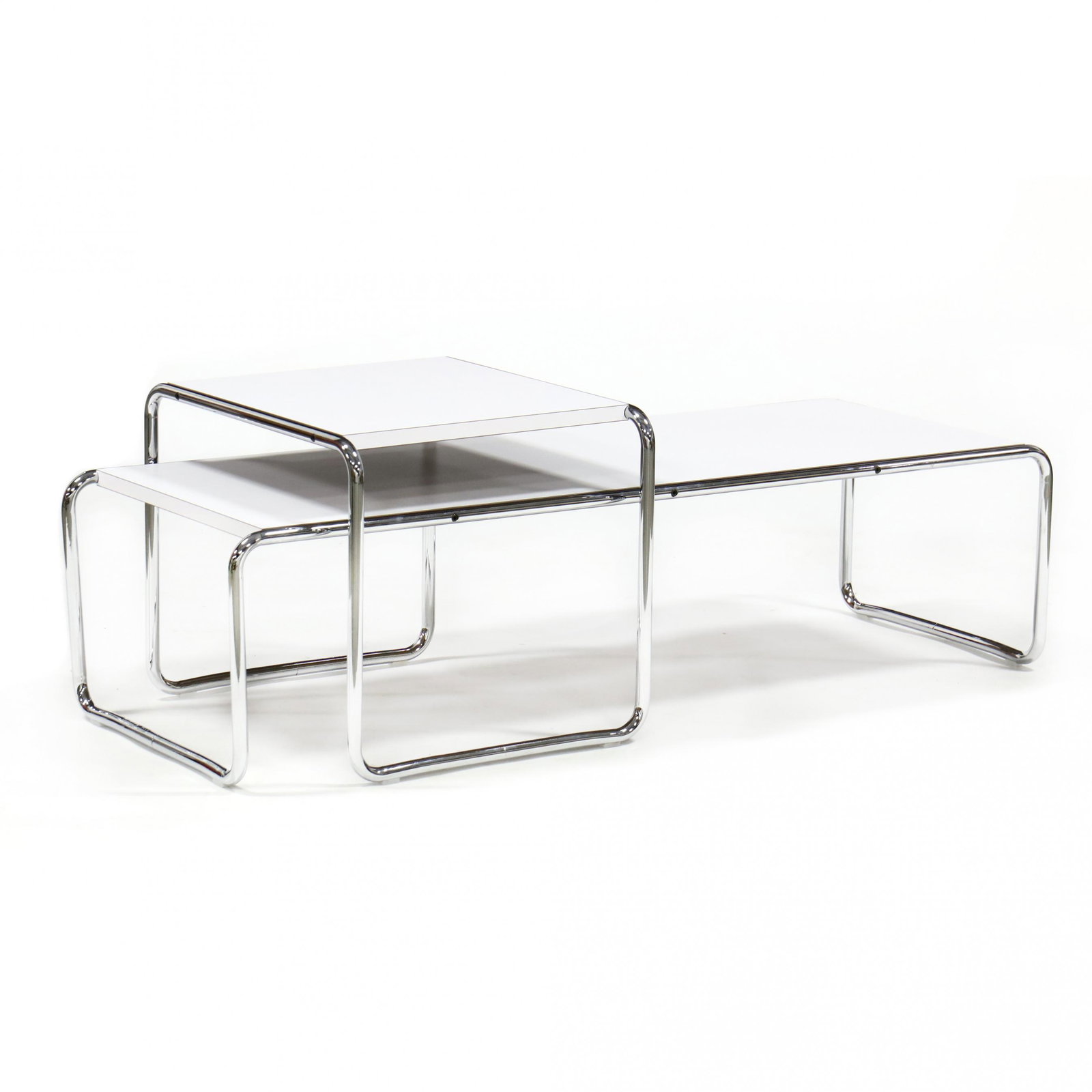 Marcel Breuer (Hungary, 1902-1981), Two Laccio Tables: Marcel Breuer (Hungary, 1902-1981), Two Laccio Tables Knoll Studio, contemporary production, each in white laminate and chrome plated steel including a square table (18 x 21.5 x 18.5 in.), and a recta