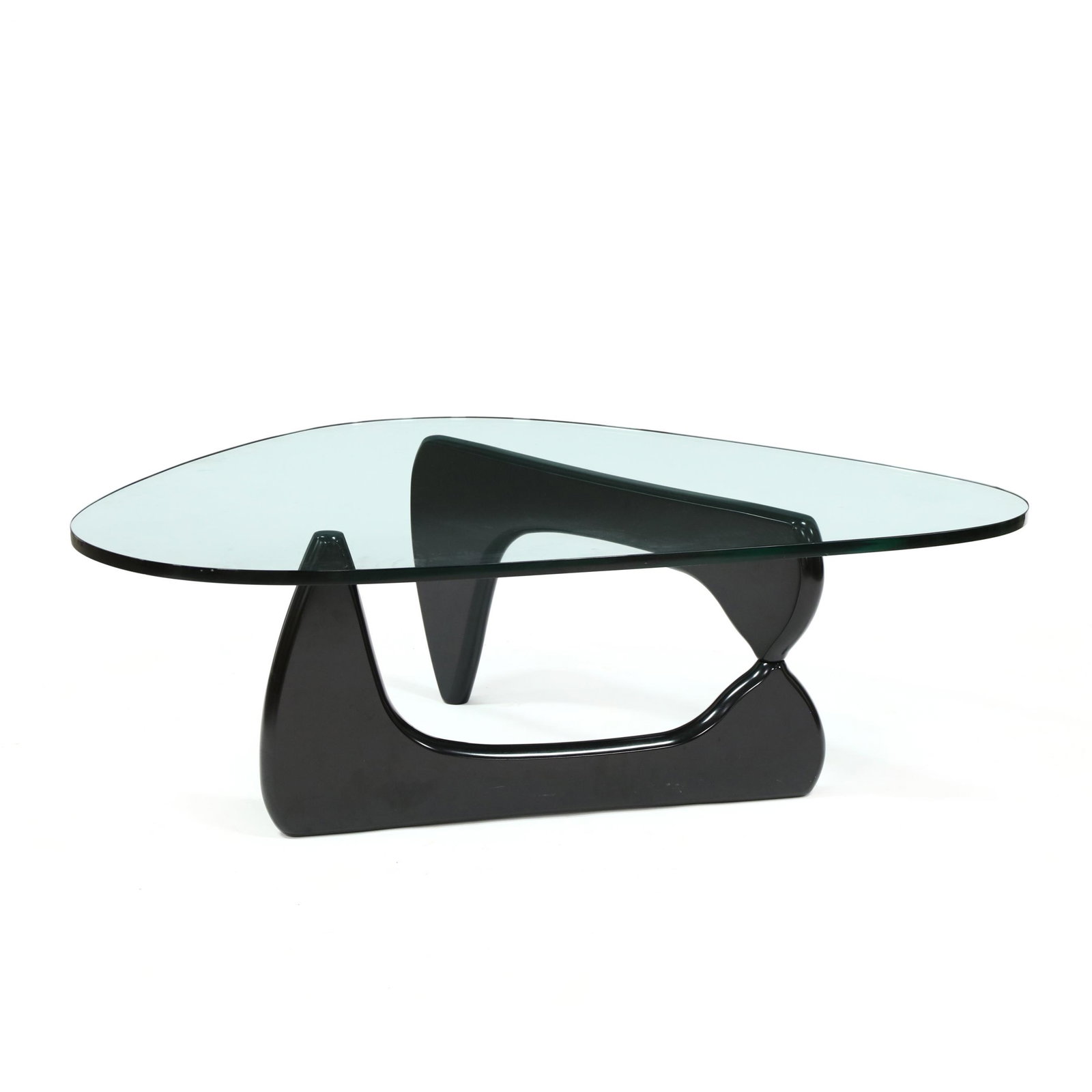 after Isamu Noguchi, Coffee Table: after Isamu Noguchi, Coffee Tablelate 20th century production, thick shaped glass top, hinged black lacquered wood base, appears unmarked, purchased Design Within Reach. 16 x 50 x 35.5 in. Being sold