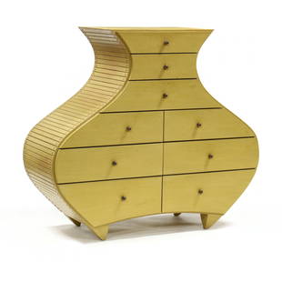 John Eric Byers (American, born 1959), Fenella Post: John Eric Byers (American, born 1959), Fenella Post Modern Chest of Drawers1992, ash, mahogany and birch with original mustard paint and wax, vasiform shaped case with slat form sides and copper nail